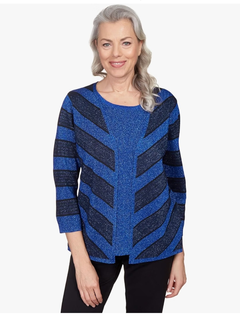 BNWT Alfred Dunner Vintage Blue and Black Chevron Shimmery Crewneck Sweater